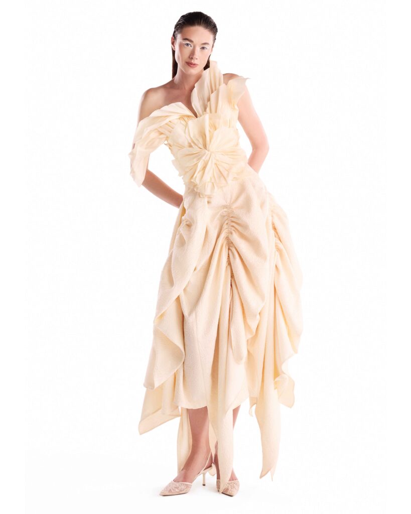 Soft Tide Gathered Jacquard Cream Skirt 