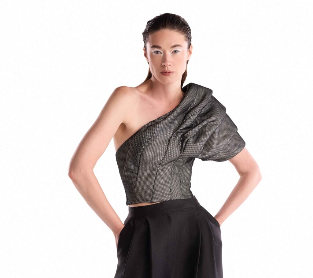 One-Shoulder Silver Metallic Jersey Top 